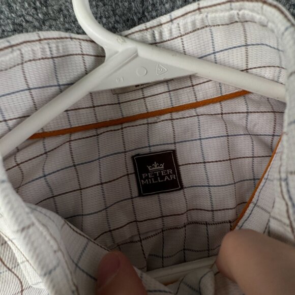 Peter Millar Men Button Up Shirt Long Sleeve 16.5 Cotton Blue Brown Check Adult - Picture 7 of 12